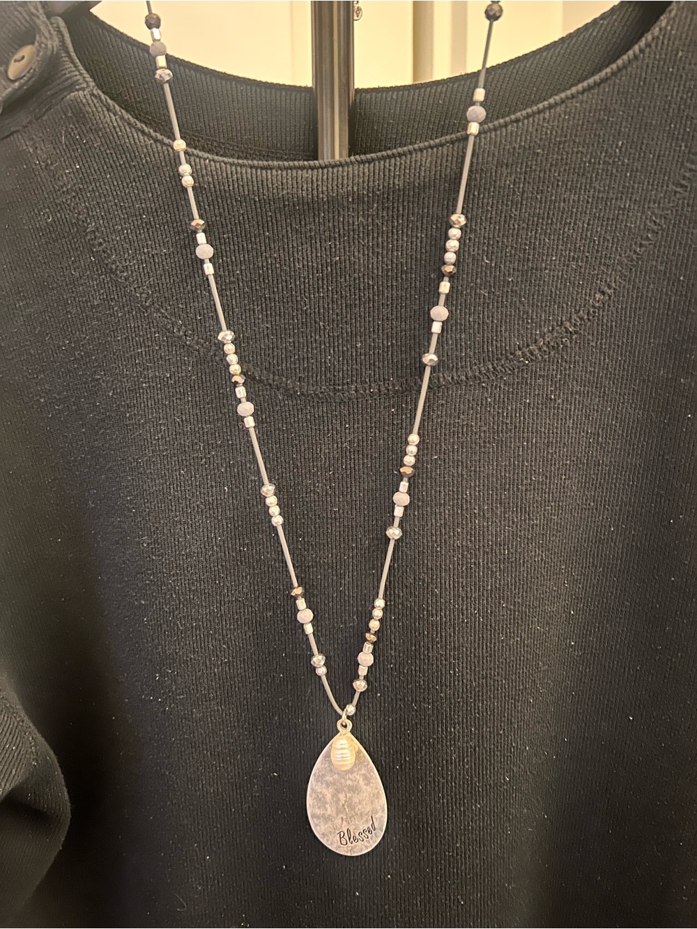 Blessed Teardrop Pendant Necklace - Silver Beaded Womens Jewelry